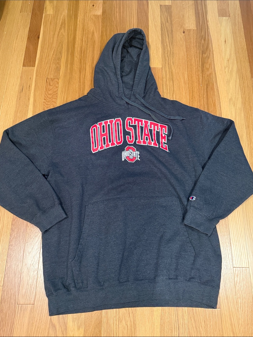 Champion Men's Ohio State Crewneck Hoodie - Charcoal with Red Logo